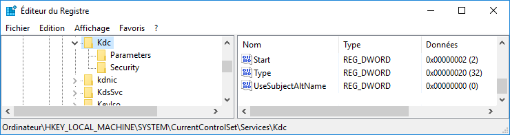 MMCREGEDIT HKLM SYSTEM CURRENTCONTROLSET SERVICES KDC USESUBJECTALTNAME CREATE.png