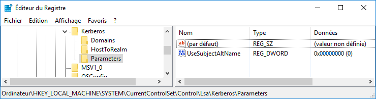 MMCREGEDIT HKLM SYSTEM CURRENTCONTROLSET CONTROL LSA KERBEROS PARAMETERS USESUBJECTALTNAME CREATE.png