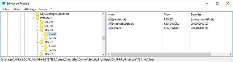 Fichier:MMCREGEDIT HKLM SYSTEM CurrentControlSet Control SecurityProviders SCHANNEL Protocols TLS1.0 TLS1.1.png